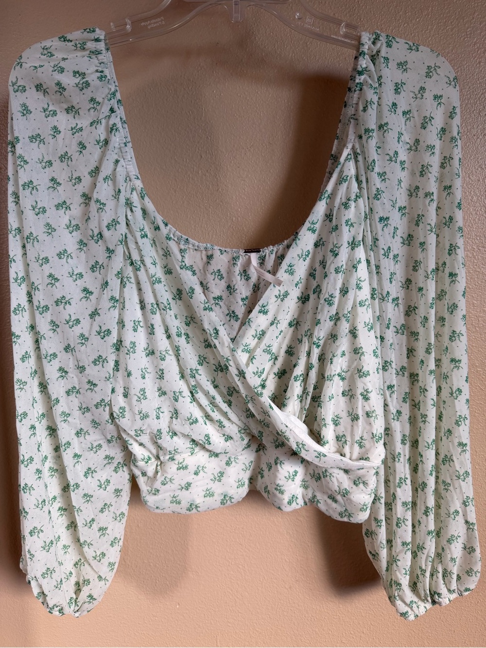 Free People White Long Sleeve Wrap Crop Top with Green Floral Print